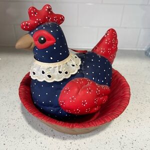 Red and Blue Polka Dot Ceramic Hen